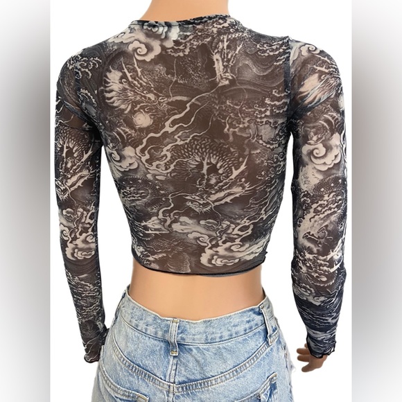 Sexy LONG SLEEVE DRAGON PRINT MESH cropped CROP TOP Raver party t-shirt New L/S - Picture 3 of 6